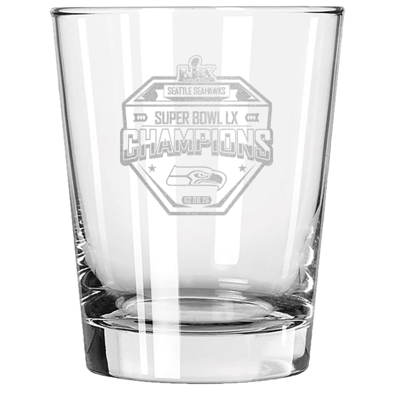 15oz Double Old Fashioned Glass, Etched, Super Bowl 60, 2026, Seattle Seahawks